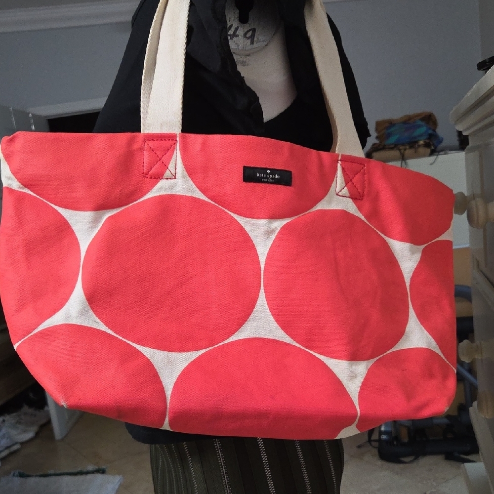 Kate Spade Coral & Cream Circle Tote Bag | Large Canvas Leather Trim Summer Hand
